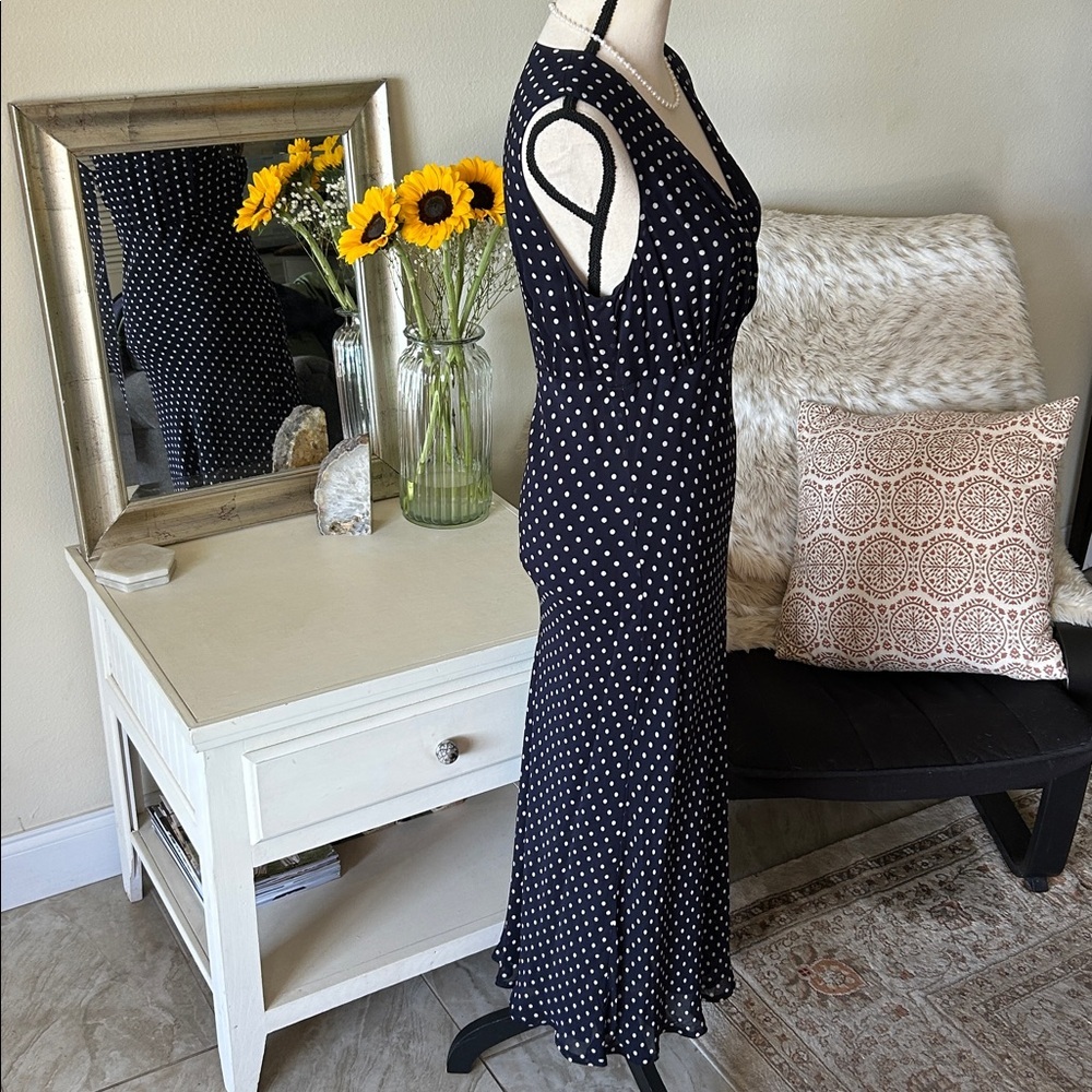 Style & Co. vtg navy polkadot chiffon feminine slip classic midi dress 8โ - Picture 8 of 14
